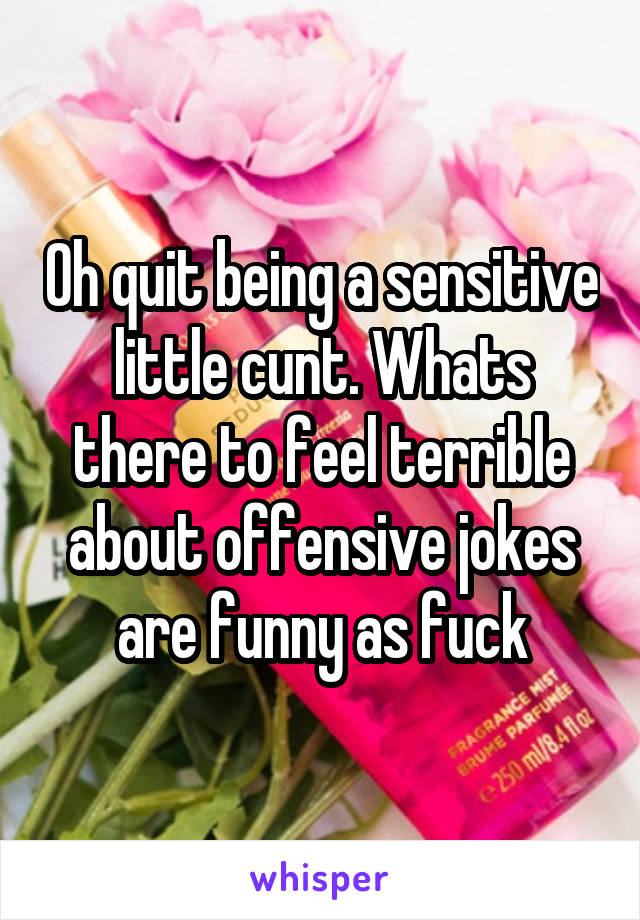 Oh quit being a sensitive little cunt. Whats there to feel terrible about offensive jokes are funny as fuck