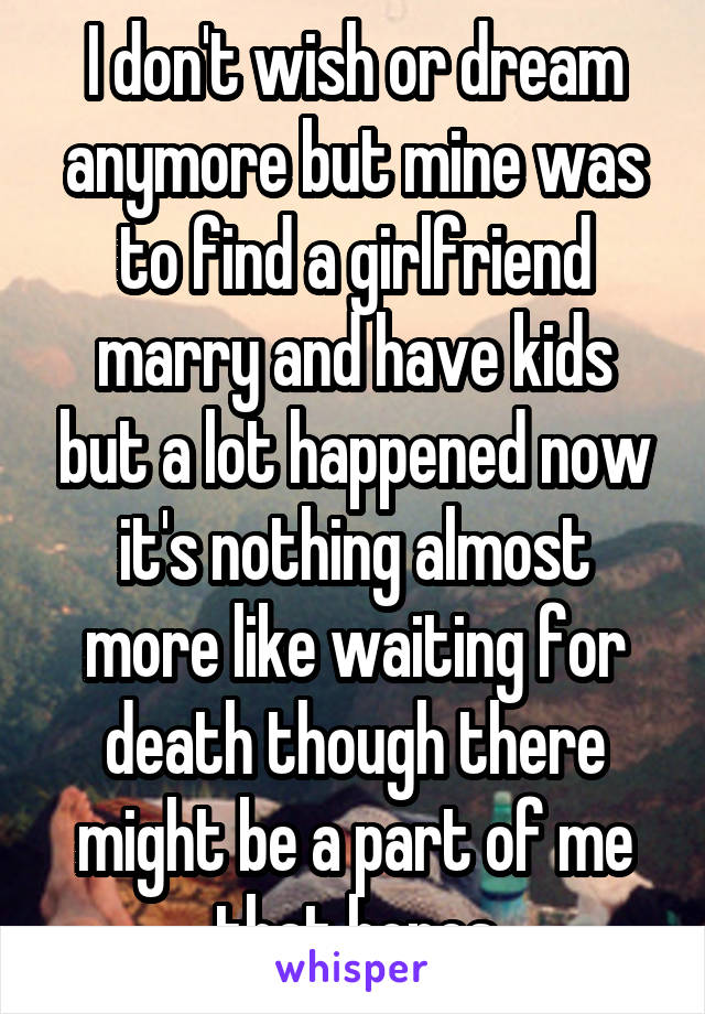 I don't wish or dream anymore but mine was to find a girlfriend marry and have kids but a lot happened now it's nothing almost more like waiting for death though there might be a part of me that hopes