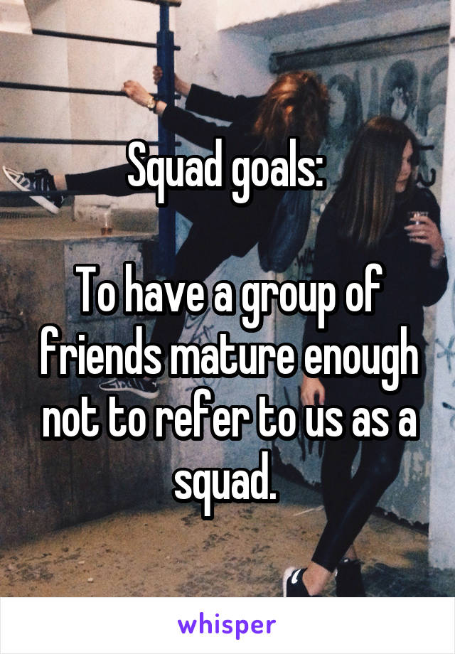 Squad goals: 
   
To have a group of friends mature enough not to refer to us as a squad. 