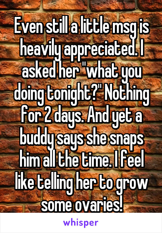 Even still a little msg is heavily appreciated. I asked her "what you doing tonight?" Nothing for 2 days. And yet a buddy says she snaps him all the time. I feel like telling her to grow some ovaries!