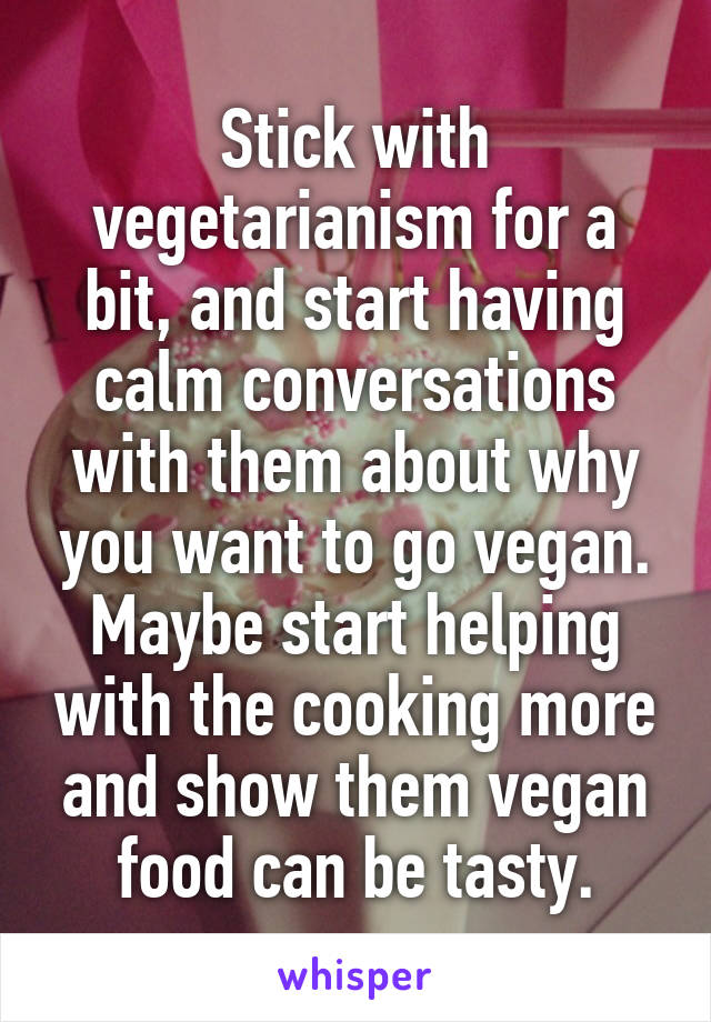 Stick with vegetarianism for a bit, and start having calm conversations with them about why you want to go vegan. Maybe start helping with the cooking more and show them vegan food can be tasty.