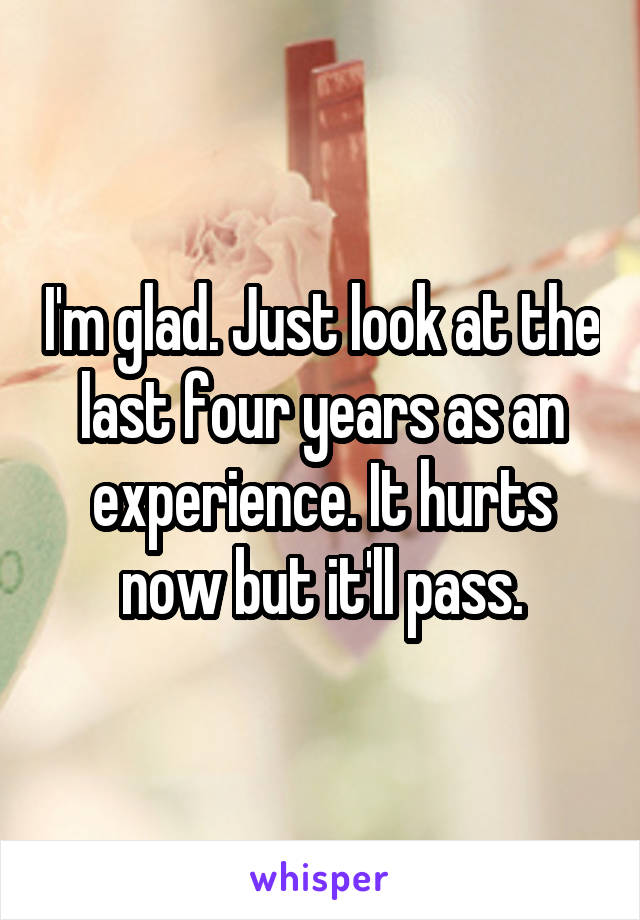 I'm glad. Just look at the last four years as an experience. It hurts now but it'll pass.