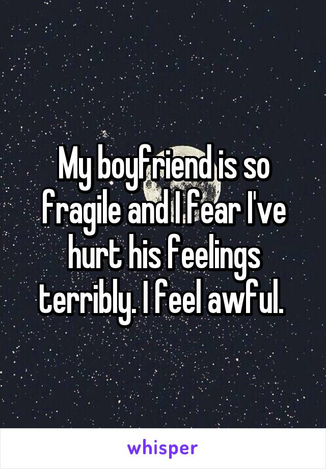 My boyfriend is so fragile and I fear I've hurt his feelings terribly. I feel awful. 