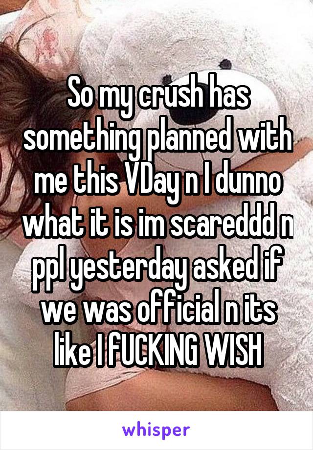 So my crush has something planned with me this VDay n I dunno what it is im scareddd n ppl yesterday asked if we was official n its like I fUCKING WISH