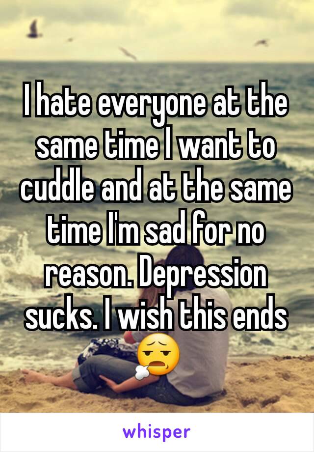 I hate everyone at the same time I want to cuddle and at the same time I'm sad for no reason. Depression sucks. I wish this ends 😧