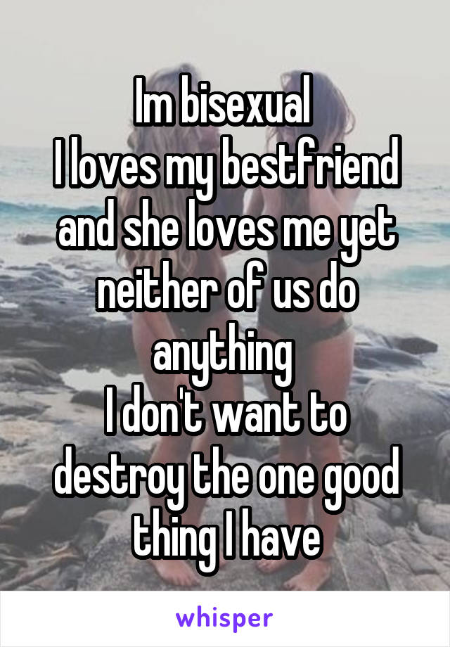 Im bisexual 
I loves my bestfriend and she loves me yet neither of us do anything 
I don't want to destroy the one good thing I have