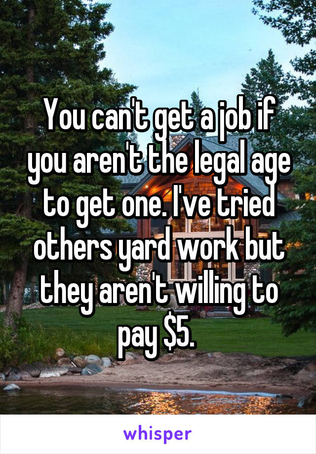 You can't get a job if you aren't the legal age to get one. I've tried others yard work but they aren't willing to pay $5. 