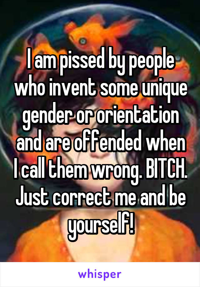 I am pissed by people who invent some unique gender or orientation and are offended when I call them wrong. BITCH. Just correct me and be yourself!