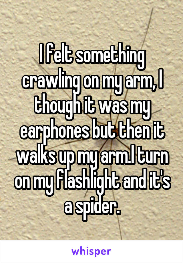I felt something crawling on my arm, I though it was my earphones but then it walks up my arm.I turn on my flashlight and it's a spider.