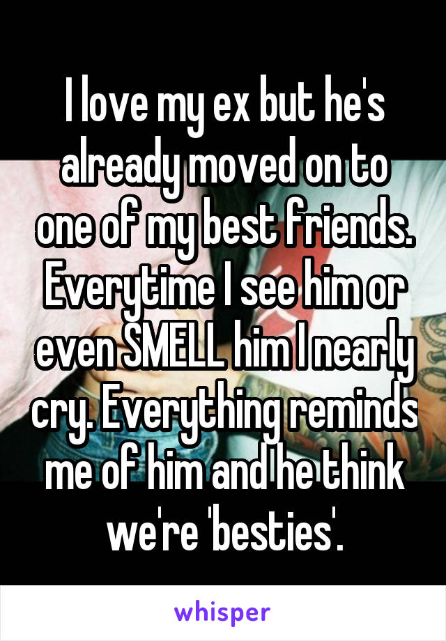 I love my ex but he's already moved on to one of my best friends. Everytime I see him or even SMELL him I nearly cry. Everything reminds me of him and he think we're 'besties'.