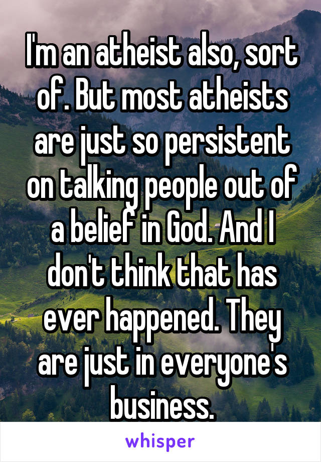 I'm an atheist also, sort of. But most atheists are just so persistent on talking people out of a belief in God. And I don't think that has ever happened. They are just in everyone's business.
