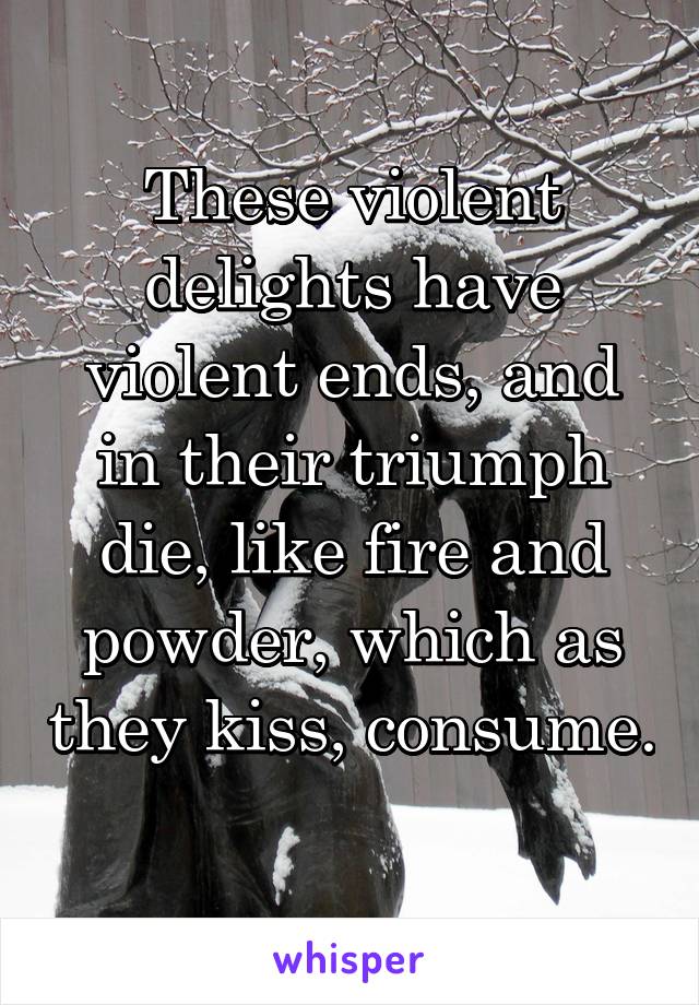 These violent delights have violent ends, and in their triumph die, like fire and powder, which as they kiss, consume. 