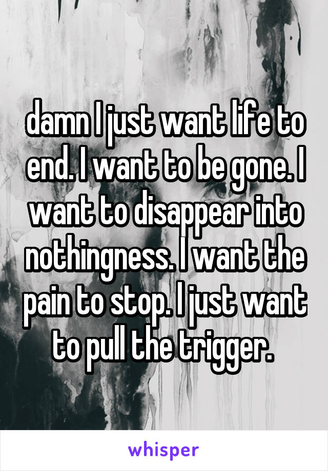 damn I just want life to end. I want to be gone. I want to disappear into nothingness. I want the pain to stop. I just want to pull the trigger. 