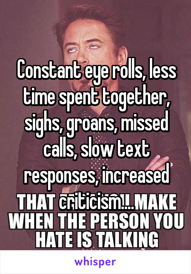 Constant eye rolls, less time spent together, sighs, groans, missed calls, slow text responses, increased criticism....