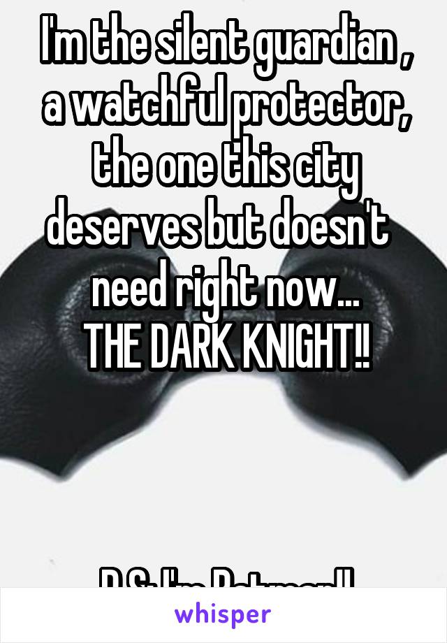 I'm the silent guardian , a watchful protector, the one this city deserves but doesn't   need right now...
THE DARK KNIGHT!!



P.S: I'm Batman!!