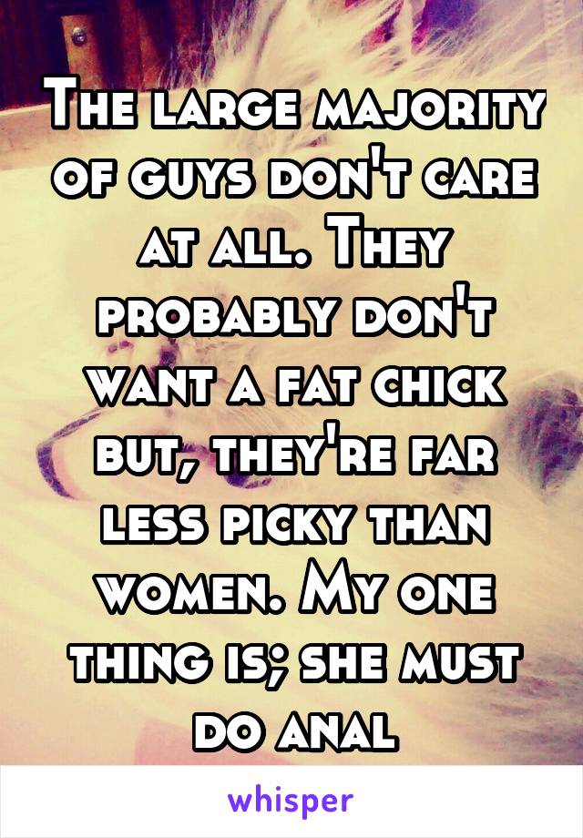 The large majority of guys don't care at all. They probably don't want a fat chick but, they're far less picky than women. My one thing is; she must do anal