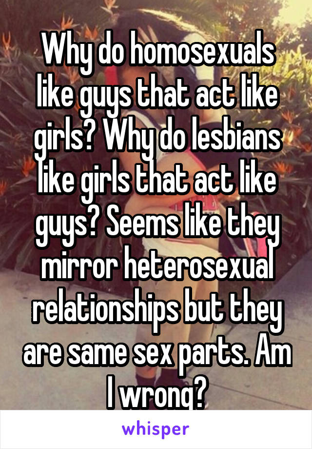 Why do homosexuals like guys that act like girls? Why do lesbians like girls that act like guys? Seems like they mirror heterosexual relationships but they are same sex parts. Am I wrong?