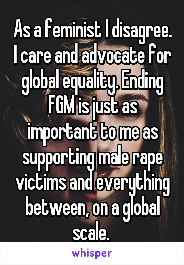 As a feminist I disagree. I care and advocate for global equality. Ending FGM is just as important to me as supporting male rape victims and everything between, on a global scale. 