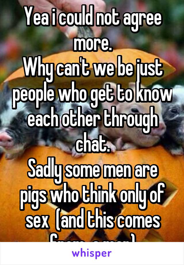 Yea i could not agree more.
Why can't we be just people who get to know each other through chat.
Sadly some men are pigs who think only of sex  (and this comes from  a man)