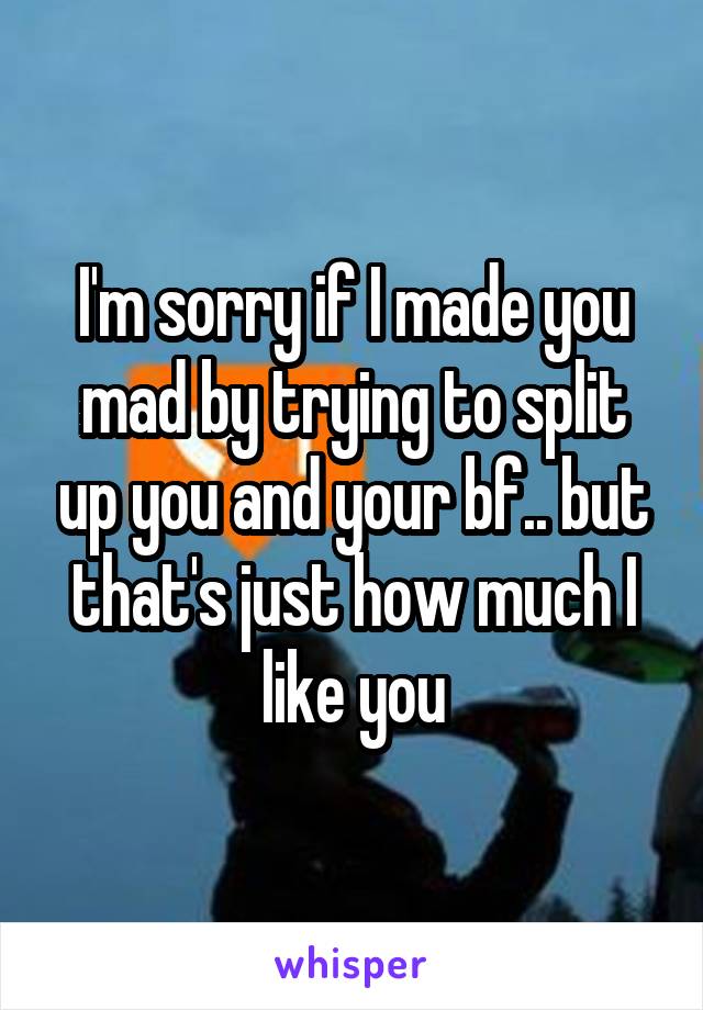 I'm sorry if I made you mad by trying to split up you and your bf.. but that's just how much I like you