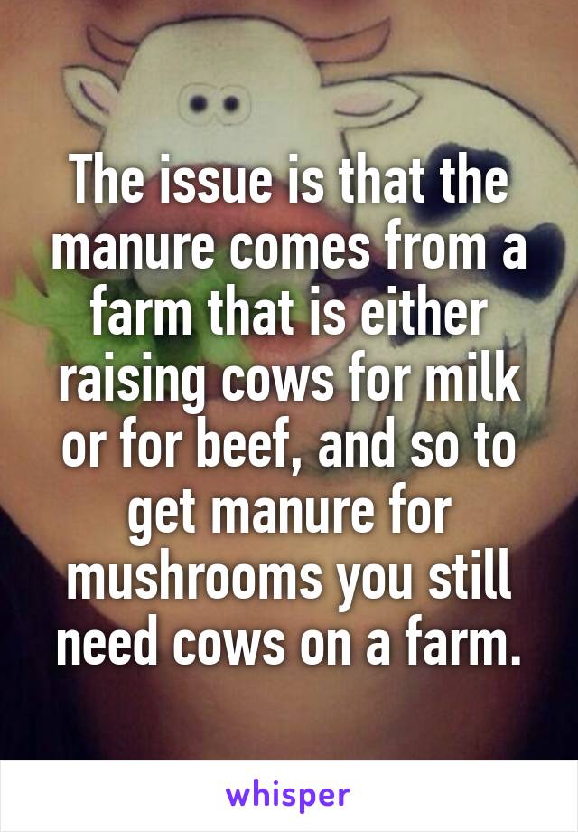 The issue is that the manure comes from a farm that is either raising cows for milk or for beef, and so to get manure for mushrooms you still need cows on a farm.