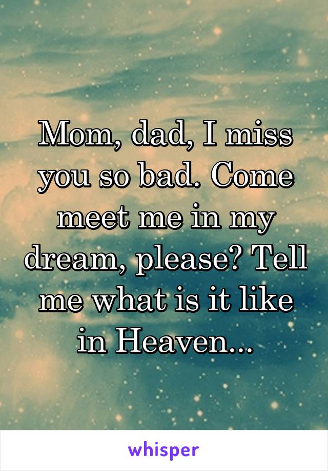 Mom, dad, I miss you so bad. Come meet me in my dream, please? Tell me what is it like in Heaven...