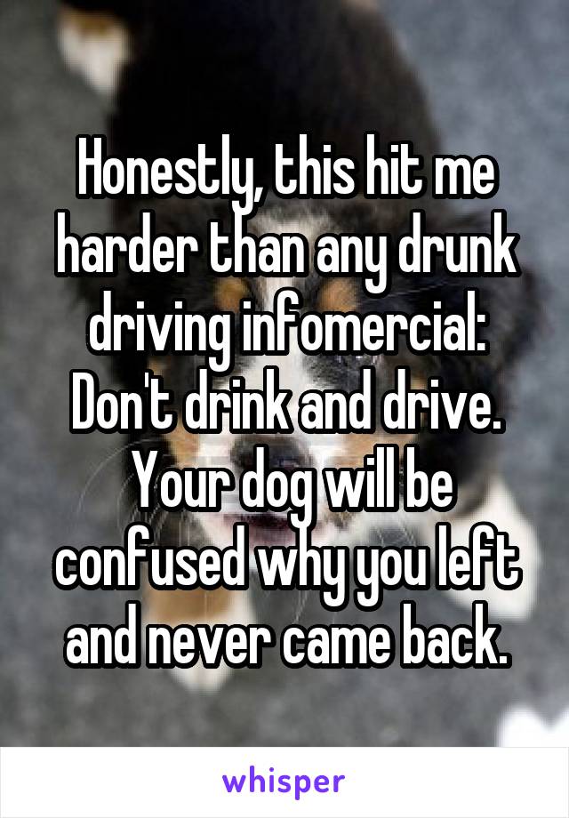 Honestly, this hit me harder than any drunk driving infomercial:
Don't drink and drive.
 Your dog will be confused why you left and never came back.