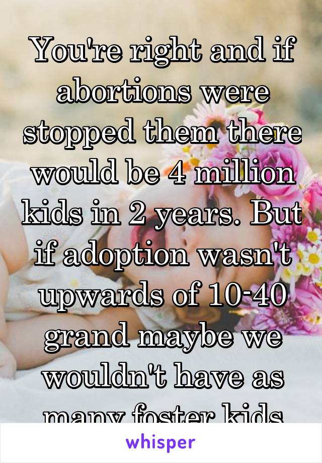 You're right and if abortions were stopped them there would be 4 million kids in 2 years. But if adoption wasn't upwards of 10-40 grand maybe we wouldn't have as many foster kids