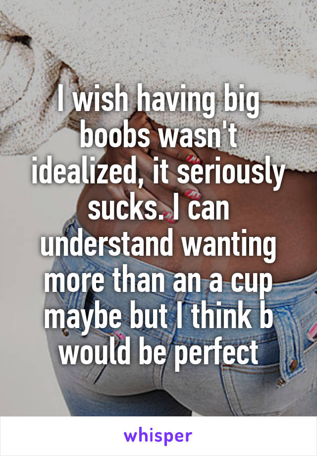 I wish having big boobs wasn't idealized, it seriously sucks. I can understand wanting more than an a cup maybe but I think b would be perfect
