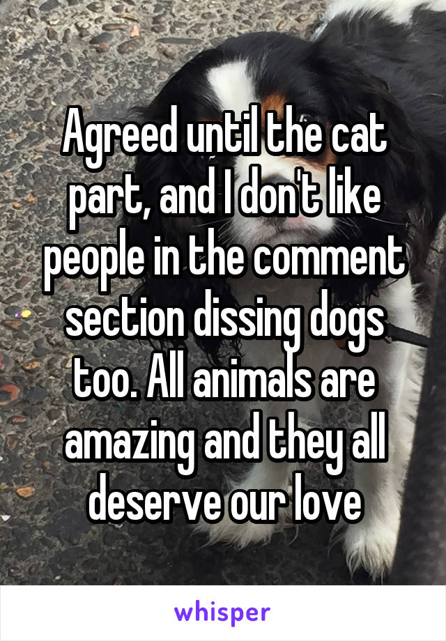 Agreed until the cat part, and I don't like people in the comment section dissing dogs too. All animals are amazing and they all deserve our love