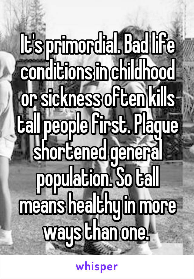 It's primordial. Bad life conditions in childhood or sickness often kills tall people first. Plague shortened general population. So tall means healthy in more ways than one. 