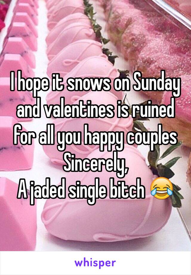 I hope it snows on Sunday and valentines is ruined for all you happy couples
Sincerely, 
A jaded single bitch 😂