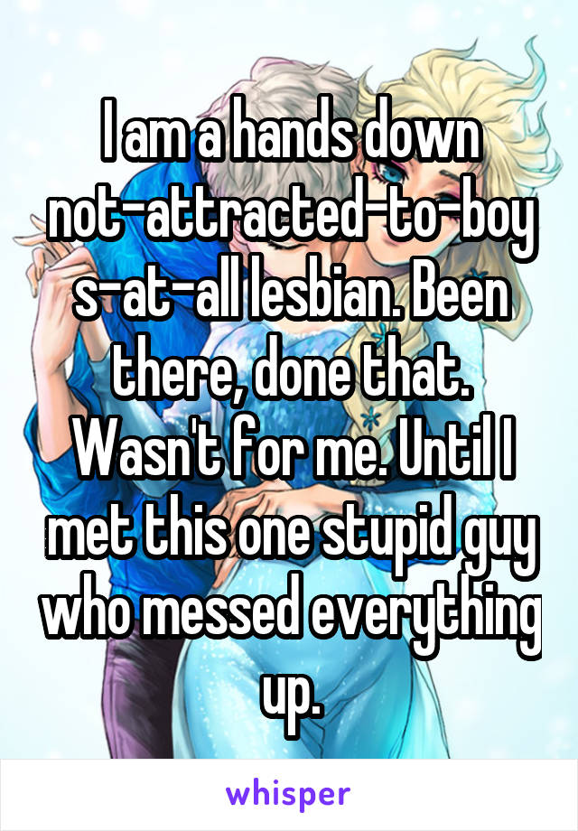 I am a hands down not-attracted-to-boys-at-all lesbian. Been there, done that. Wasn't for me. Until I met this one stupid guy who messed everything up.