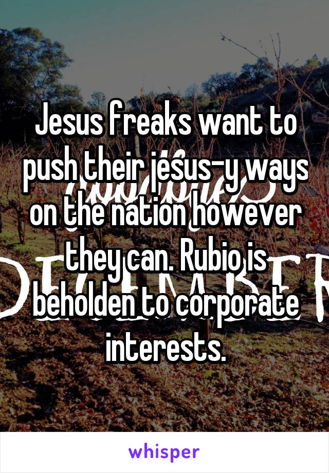 Jesus freaks want to push their jesus-y ways on the nation however they can. Rubio is beholden to corporate interests.