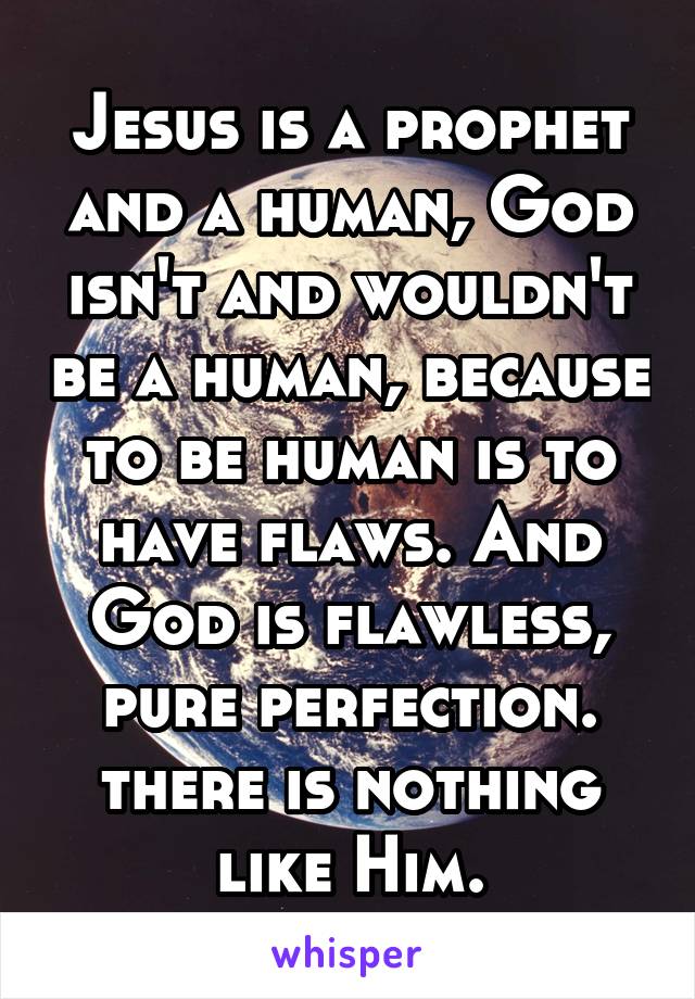 Jesus is a prophet and a human, God isn't and wouldn't be a human, because to be human is to have flaws. And God is flawless, pure perfection. there is nothing like Him.