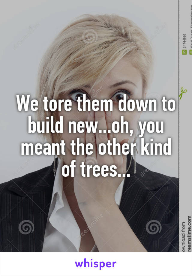 We tore them down to build new...oh, you meant the other kind of trees...