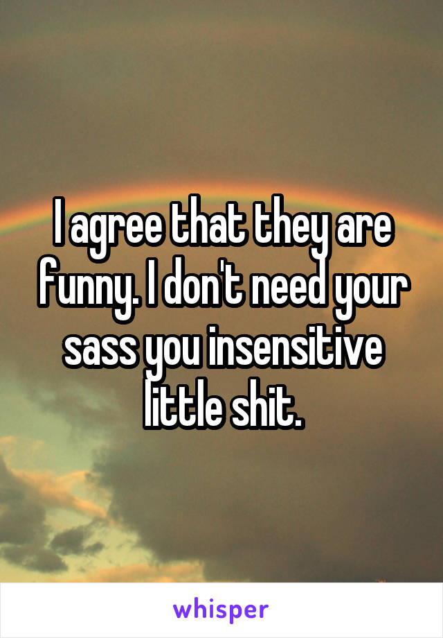 I agree that they are funny. I don't need your sass you insensitive little shit.