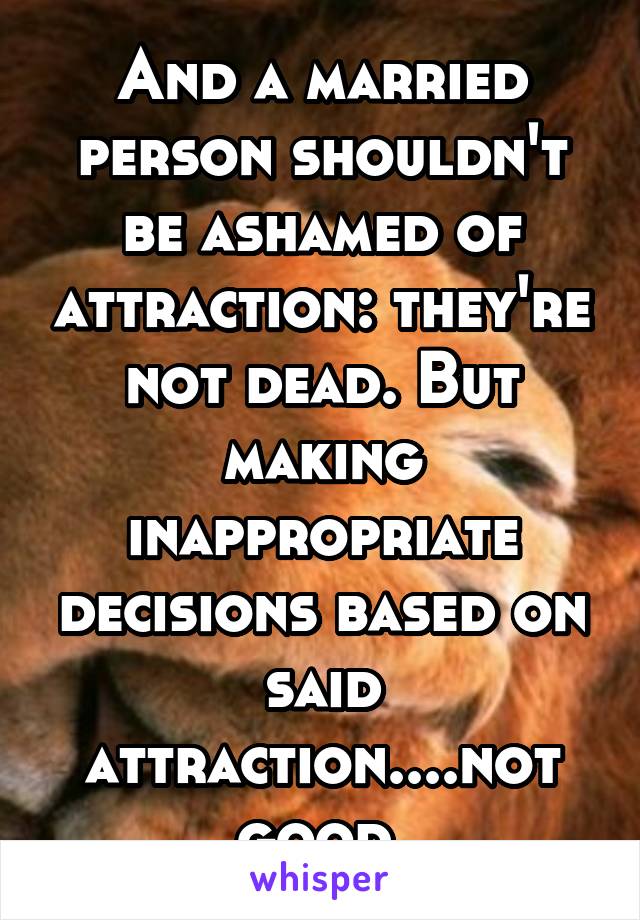 And a married person shouldn't be ashamed of attraction: they're not dead. But making inappropriate decisions based on said attraction....not good.