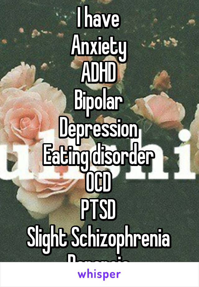 I have 
Anxiety 
ADHD 
Bipolar 
Depression 
Eating disorder 
OCD 
PTSD 
Slight Schizophrenia 
Paranoia 