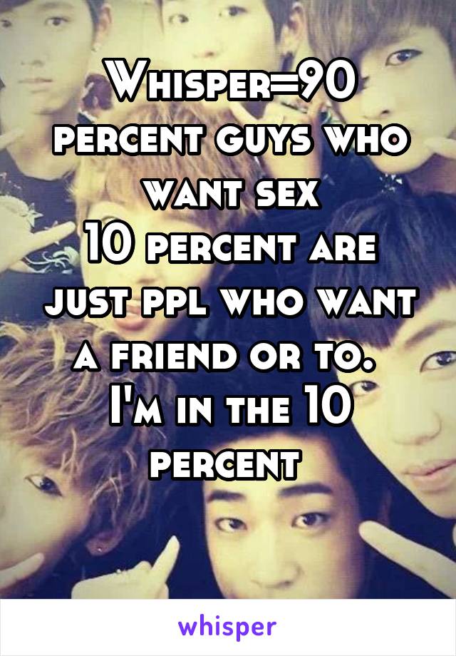 Whisper=90 percent guys who want sex
10 percent are just ppl who want a friend or to. 
I'm in the 10 percent 

