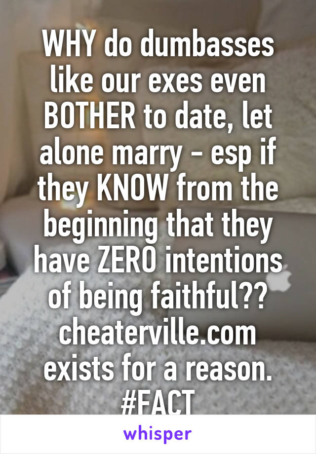 WHY do dumbasses like our exes even BOTHER to date, let alone marry - esp if they KNOW from the beginning that they have ZERO intentions of being faithful??
cheaterville.com exists for a reason.
#FACT