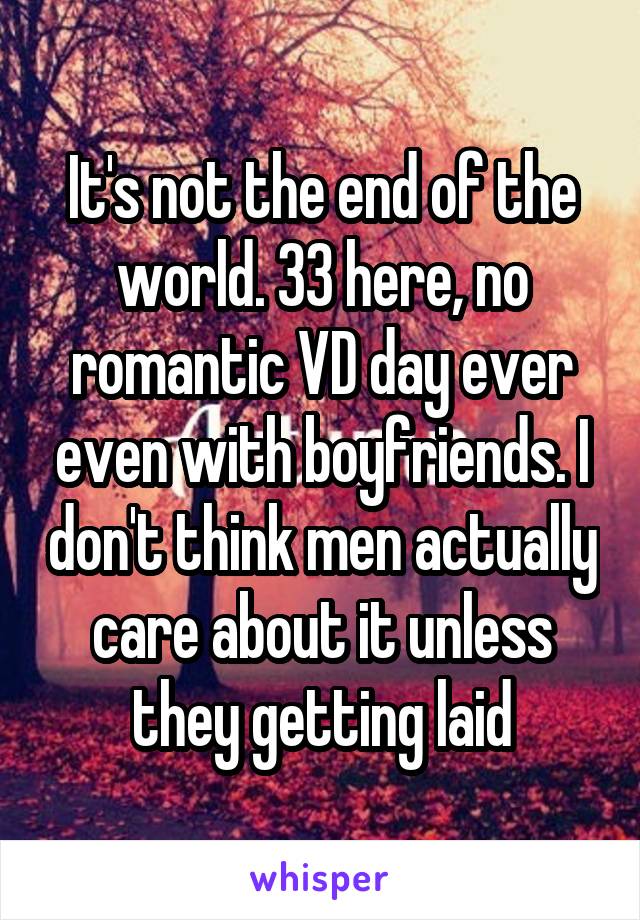It's not the end of the world. 33 here, no romantic VD day ever even with boyfriends. I don't think men actually care about it unless they getting laid