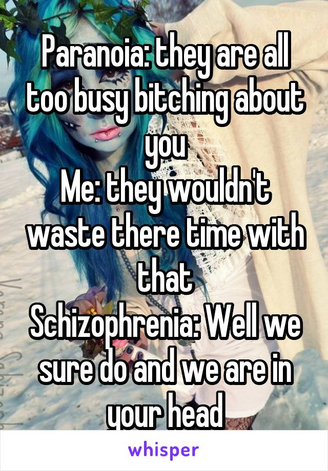 Paranoia: they are all too busy bitching about you
Me: they wouldn't waste there time with that
Schizophrenia: Well we sure do and we are in your head