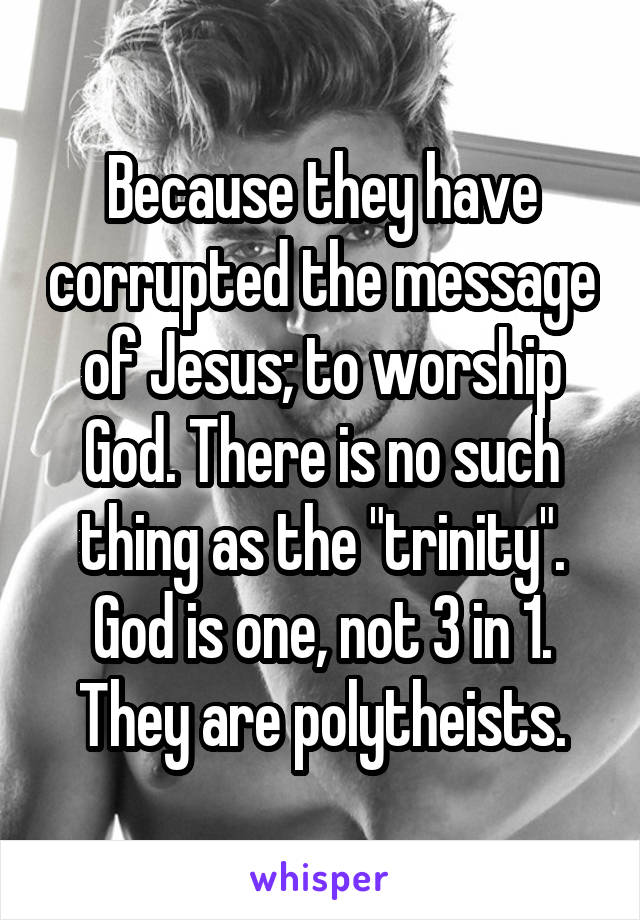 Because they have corrupted the message of Jesus; to worship God. There is no such thing as the "trinity". God is one, not 3 in 1. They are polytheists.