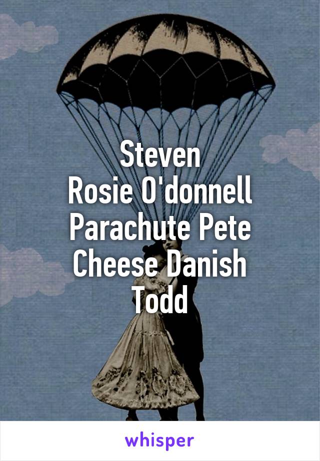 Steven
Rosie O'donnell
Parachute Pete
Cheese Danish
Todd