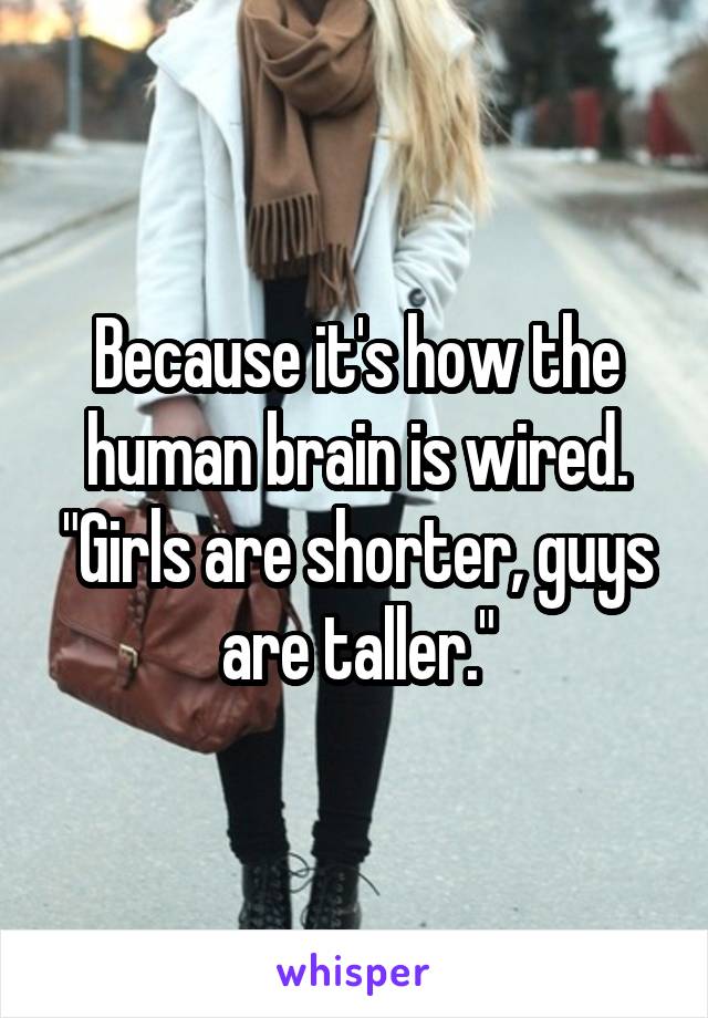 Because it's how the human brain is wired. "Girls are shorter, guys are taller."