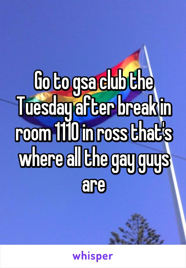 Go to gsa club the Tuesday after break in room 1110 in ross that's where all the gay guys are