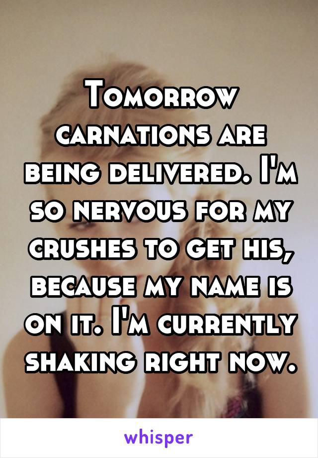 Tomorrow carnations are being delivered. I'm so nervous for my crushes to get his, because my name is on it. I'm currently shaking right now.