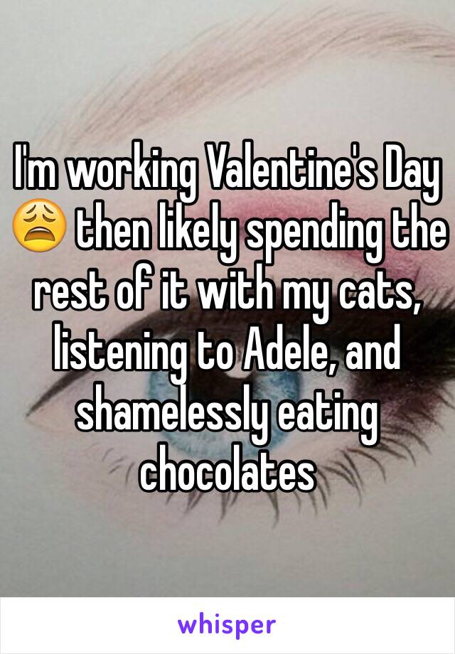 I'm working Valentine's Day 😩 then likely spending the rest of it with my cats, listening to Adele, and shamelessly eating chocolates