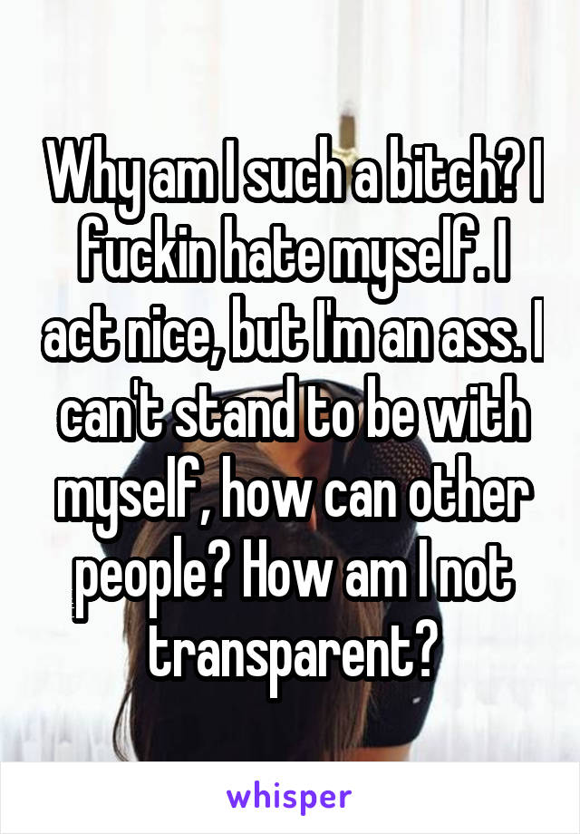 Why am I such a bitch? I fuckin hate myself. I act nice, but I'm an ass. I can't stand to be with myself, how can other people? How am I not transparent?
